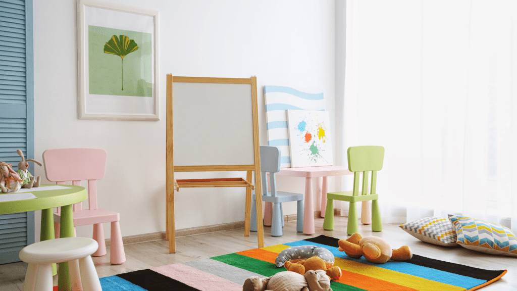 A clean, organized playroom with many colors