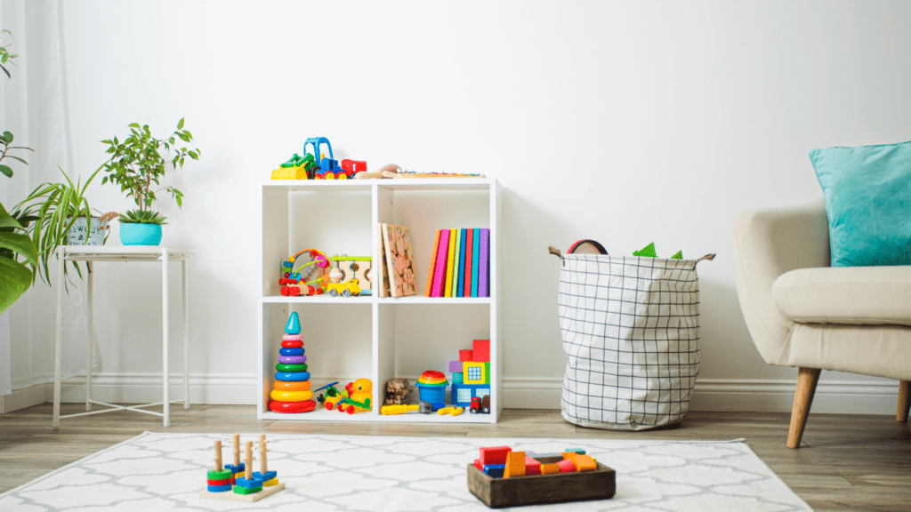 A clean, organized playroom that has a toy rotation